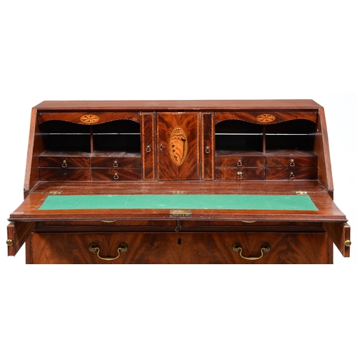 1099 - A George III flame figured mahogany bureau, the fitted interior inlaid with paterae, 111cm h; 52 x 1... 