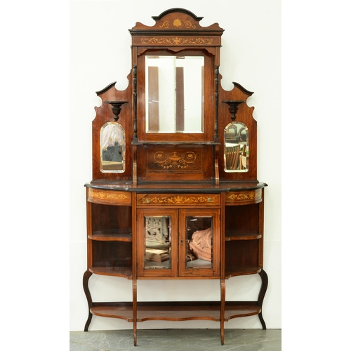 1107 - An Edwardian rosewood and inlaid side cabinet, the superstructure inset with bevelled mirrors, 216cm... 