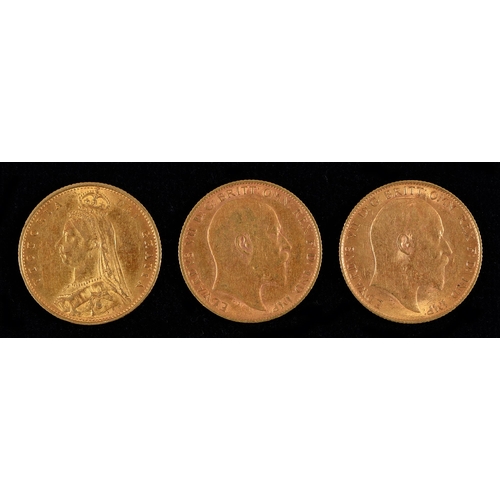 111 - Gold coins. Half sovereign 1887 (shield), 1907 and 1908