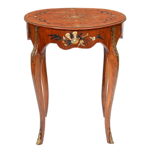 1119 - A painted satinwood centre table, fist half 20th c, the cabriole legs with brass chutes and sabots, ... 