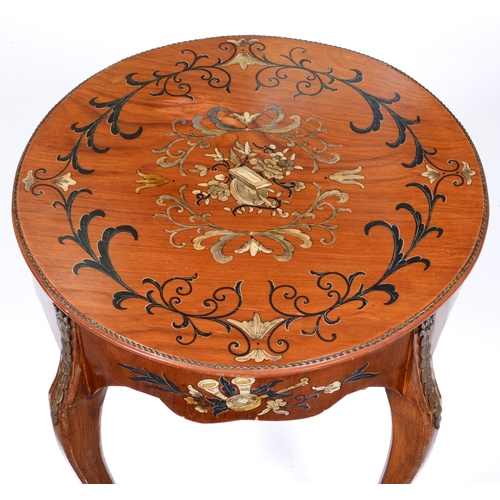 1119 - A painted satinwood centre table, fist half 20th c, the cabriole legs with brass chutes and sabots, ... 