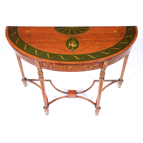 1122 - A painted satinwood side table, first half 20th c, in neo classical style of half round form, decora... 