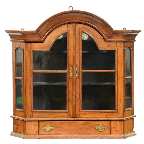 1128 - A Dutch walnut splay fronted hanging cabinet, 19th c, with drawer, 89cm h; 25 x 97cm... 