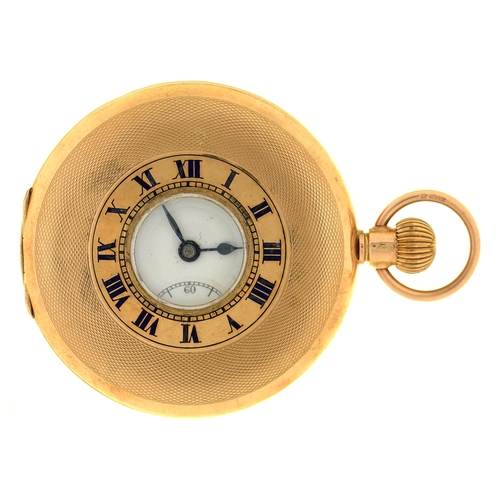 13 - A 9ct gold half hunting cased keyless lever watch, with enamel dial, engine turned, 49mm diam, impor... 