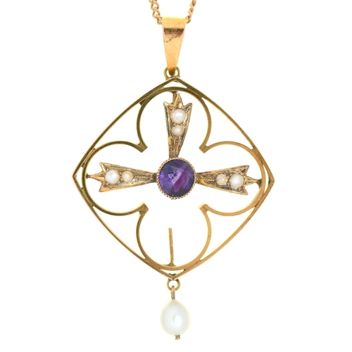 19 - An amethyst, cultured pearl and split pearl openwork pendant, early 20th c, in gold, 38mm, on gold n... 