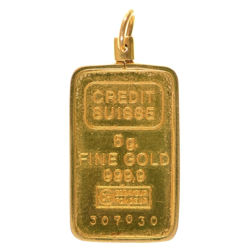 27 - Fine gold. Bar, 5g by Credit Suisse, No 307030, mounted in a gold pendant marked 14k 585, 5.9g... 