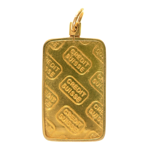 27 - Fine gold. Bar, 5g by Credit Suisse, No 307030, mounted in a gold pendant marked 14k 585, 5.9g... 