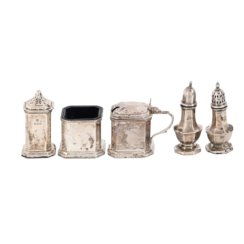 314 - A George VI three-piece silver condiment set, pepperettes 66mm h, by Barker Brothers (Silver) Ltd, B... 