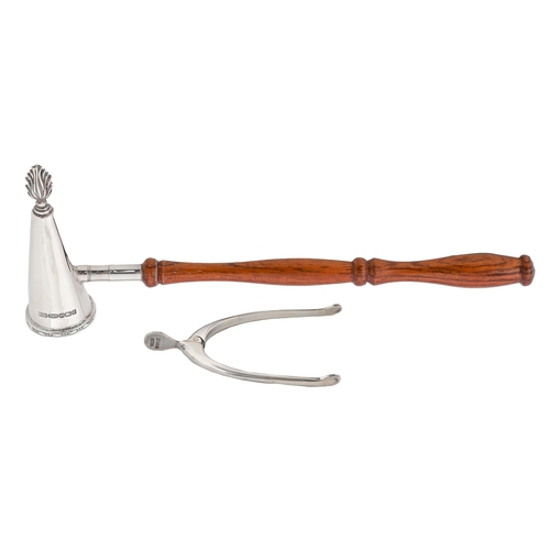 315 - An Elizabeth II silver candle snuffer, with turned wood handle, 20cm l, by Lawrence R Watson & C... 