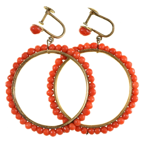 32 - A pair of coral bead hoop earrings,  giltmetal mounted,, late 19th/early 20th c, 44mm diam... 