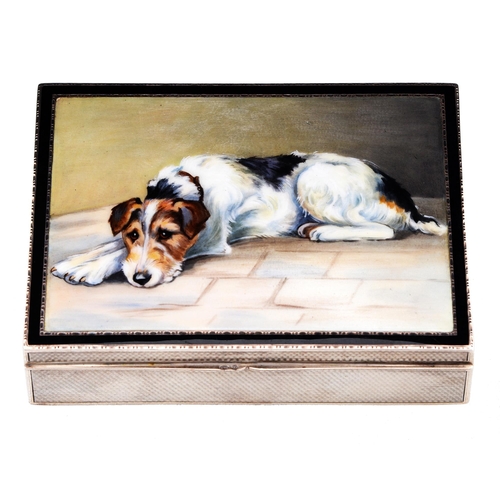 325 - A Continental silver and enamel cigarette box, the lid with a terrier in black border, the sides eng... 