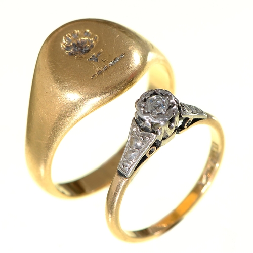 33 - A diamond ring,  illusion set, gold hoop, marked 18ct PLAT, size J½ and an 18ct gold signet ring, ma... 