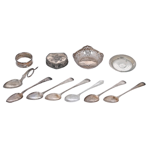 335 - One and a set of five silver teaspoons, pierced silver sweetmeat dish, napkin ring, child's spoon wi... 