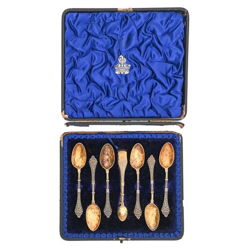 349 - A set of six Edwardian silver gilt coffee spoons and pair of sugar bows en suite, by Elkington &... 