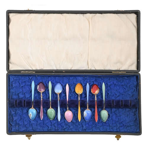 352 - A  harlequin set of nine Norwegian silver gilt and Harlequin guilloche enamel coffee spoons, second ... 