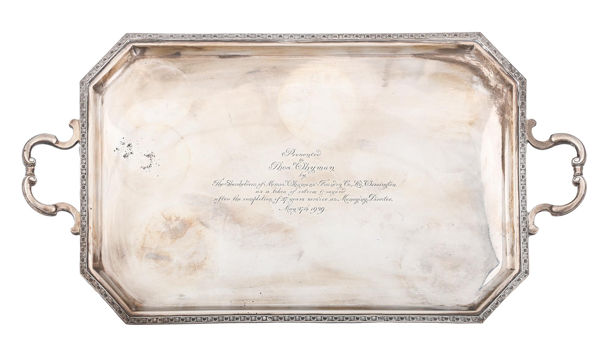 A V silver tray, 59.5cm over handles, by Roberts & Belk Ltd