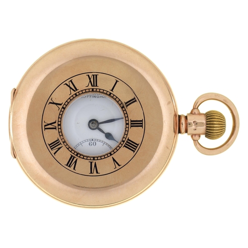 43 - A 9ct gold half hunting cased keyless lever watch, W H May Nottingham, with Zenith movement, in plai... 