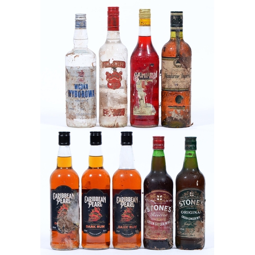 431 - Spirits and liqueurs, to include rum (3), vodka (2), Stones Ginger Wine (2), Campari (1) and Mandann... 