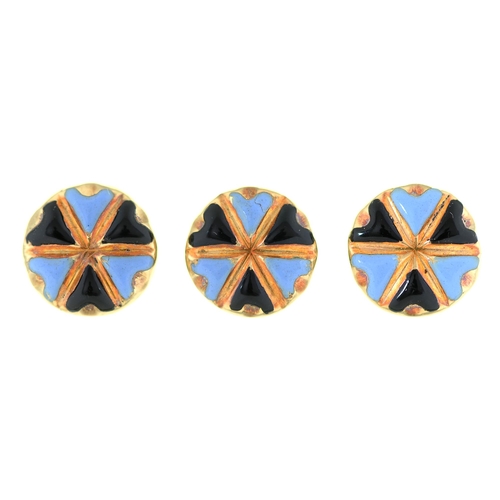 5 - A set of three Victorian gold and black and lavender blue enamel dress studs, 10mm, shaped maroon mo... 