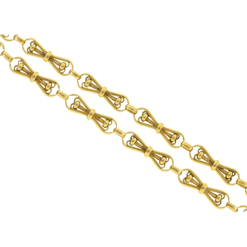 50 - A gold necklace,  20th c, of bow shaped links, 38.5cm l, apparently unmarked, 27.7g