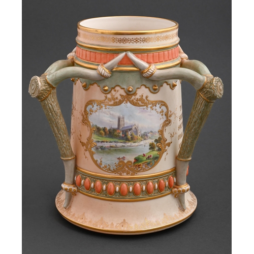 538 - A Royal Worcester three handled loving cup, 1901, painted with a view of Worcester from across the R... 