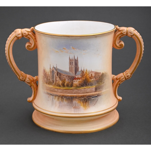 539 - A Royal Worcester sporting prize cup, 1914, painted by R Rushton, signed, with Worcester Cathedral f... 