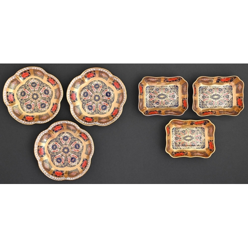 546 - Two sets of three Royal Crown Derby sweetmeat dishes, 1975 and circa, 95mm l or 11.5cm diam, printed... 