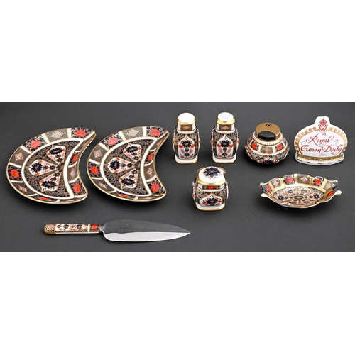 547 - Ten Royal Crown Derby Imari wares, comprising pair of crescent dishes, porcelain hafted serving slic... 