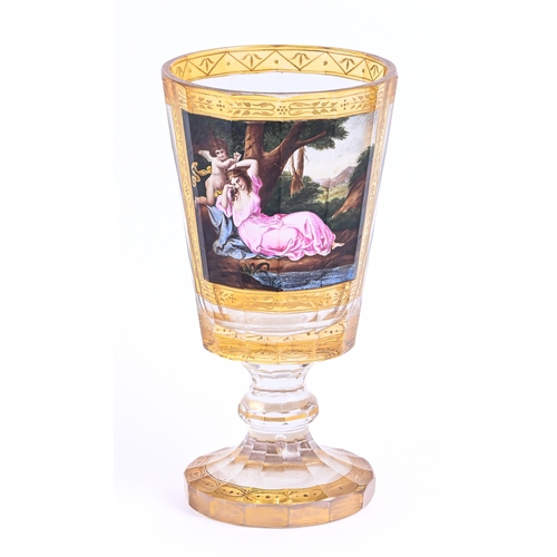 549 - A Viennese transparent enamelled goblet, c1820, of faceted form, the bowl decorated with 'Cupid bind... 