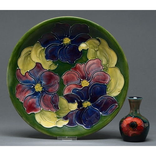 561 - A Moorcroft miniature Anemone vase and Clematis plate, c1975, vase 90mm h, impressed and painted mar... 