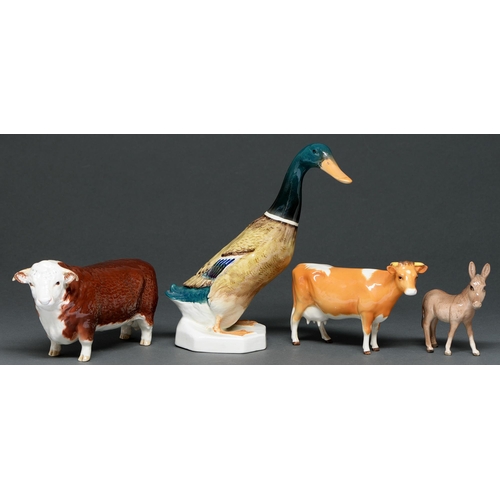 562 - A Beswick model of a Hereford bull, Guernsey calf, donkey foal and mallard duck, last 33.5cm h, prin... 