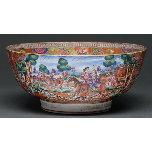 565 - A Chinese export porcelain European Subject punch bowl, c1780, painted in brilliant enamels with sce... 