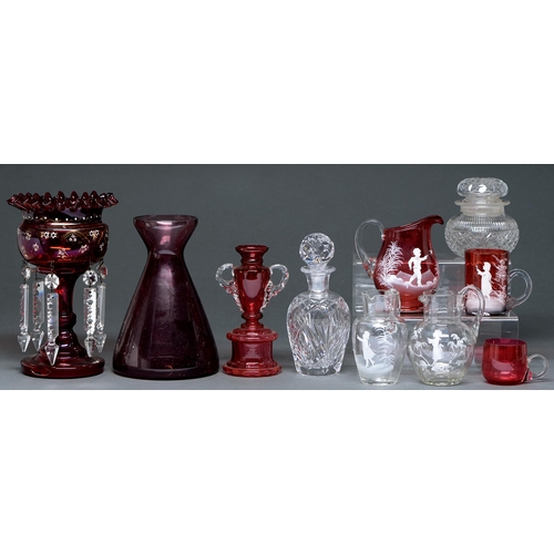 566 - A Victorian enamelled ruby glass lustre and miscellaneous cranberry and cut glass, etc, to include a... 