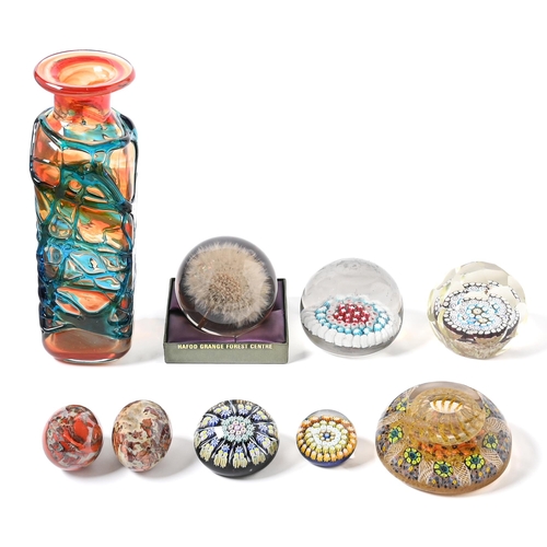 572 - Four Caithness and other glass millefiori paperweights, a 1970's trailed glass vase, etc... 