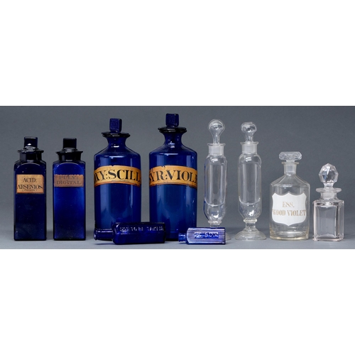 583 - Miscellaneous chemist's blue and other glass bottles and earthenware jars and covers, late 19th and ... 