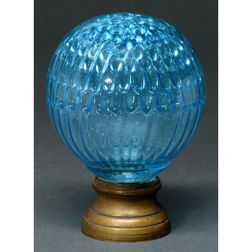 584 - A French blue glass 'Boule Escallier', late 19th c, brass mount, 14cm h