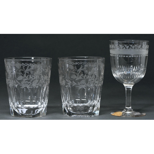 590 - A pair of Victorian fluted and engraved glass beakers, inscribed A Clarke or J Clarke, 12.5cm h and ... 