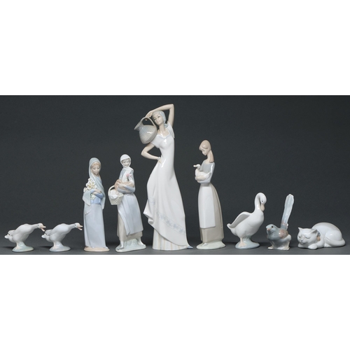 592 - Six Lladro figures and birds and four other similar figures and animals, various sizes, printed mark... 