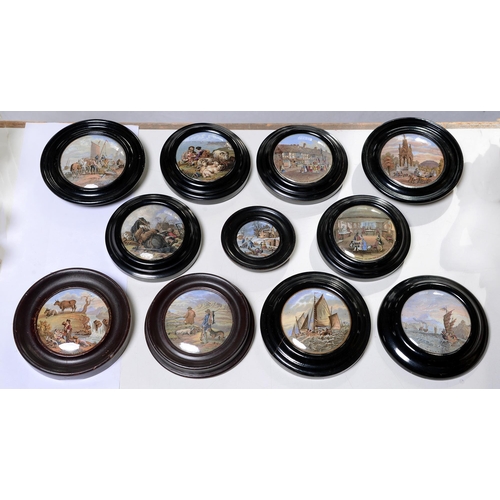 597 - Eleven F & R Pratt colour printed earthenware pictorial pot lids, c1860, various subjects and si... 