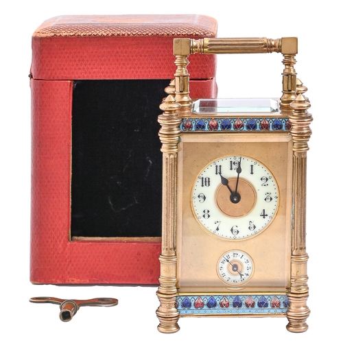 619 - A French gilt brass and champleve enamel carriage clock, early 20th c, with primrose enamel chapter ... 