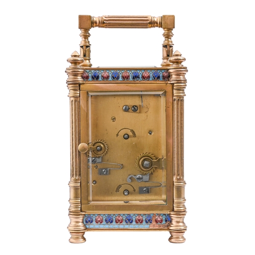 619 - A French gilt brass and champleve enamel carriage clock, early 20th c, with primrose enamel chapter ... 