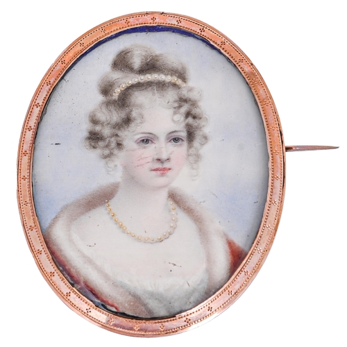 622 - English School, early 19th c - Portrait Miniature of a Lady, in red coat with fur collar and pearls,... 