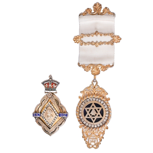 623 - Two masonic jewels, comprising Queen Victoria's Diamond Jubilee, silver gilt and enamel with pastes,... 