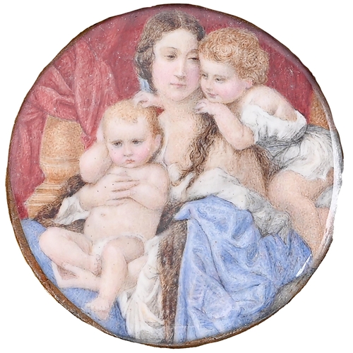 624 - English School, mid 19th c- Portrait Miniature of a Young Woman and Two Children, before red drapery... 