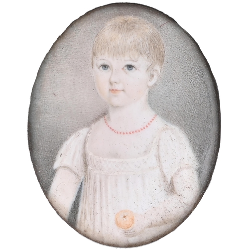 627 - English School, early 19th c - Portrait Miniature of a Child, in white gown and coral beads holding ... 