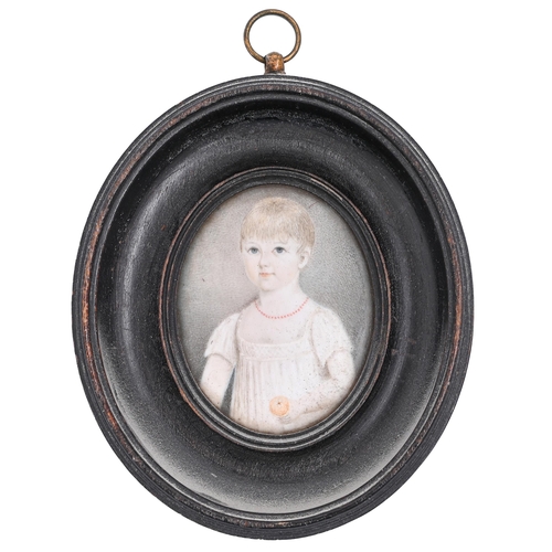 627 - English School, early 19th c - Portrait Miniature of a Child, in white gown and coral beads holding ... 