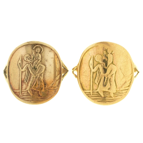 63 - Two 9ct gold St Christopher rings, both Birmingham, 1966 and circa, 6.2g, size J and O... 