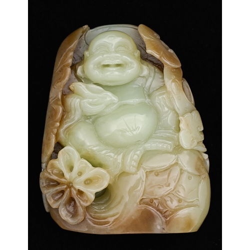 649 - A Chinese jade pebble carving of Budai, 95mm h