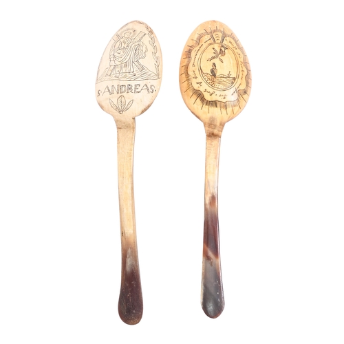 689 - Folk art. Two Tyrolean horn spoons, Sterzing, 19th c, the reverse of the bowl engraved with St Andre... 