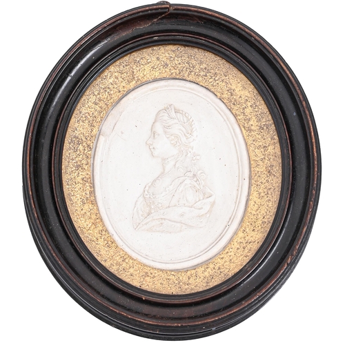 690 - An oval plaster bas relief portrait medallion of Queen Charlotte, after the wax portrait by Isaac Go... 